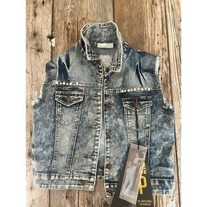 M. Michel Premium Acid Wash Denim Vest Rhinestone Studded Blue MM-JAK-879 M
